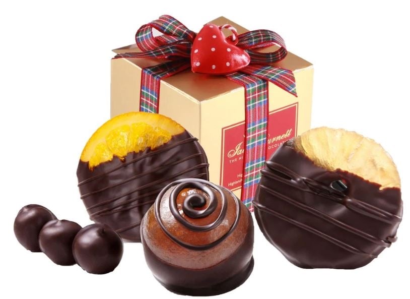 DIPPED CANDIED FRUIT BOX - TARTAN RIBBON