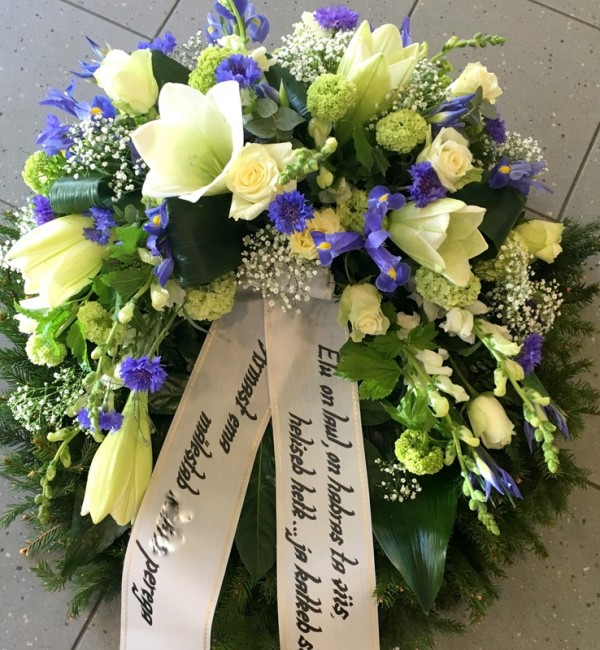Wreath with blue Irises, white Roses and Lilys