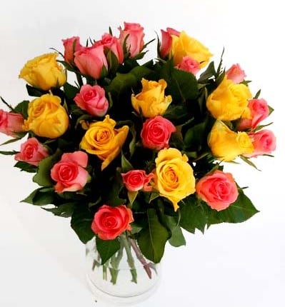 Bouquet of 25 yellow and pink short roses