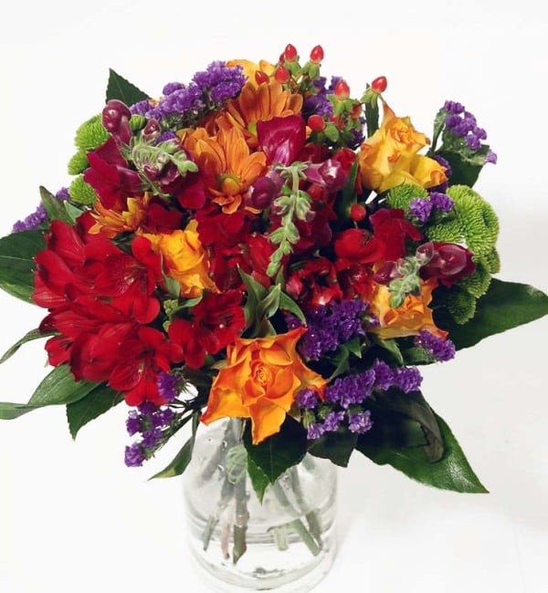 Bouquet in red, orange and blue colors (Classic)