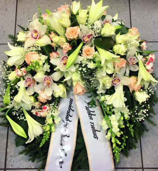 Large wreath: white lilys, creamy roses, orchids-1