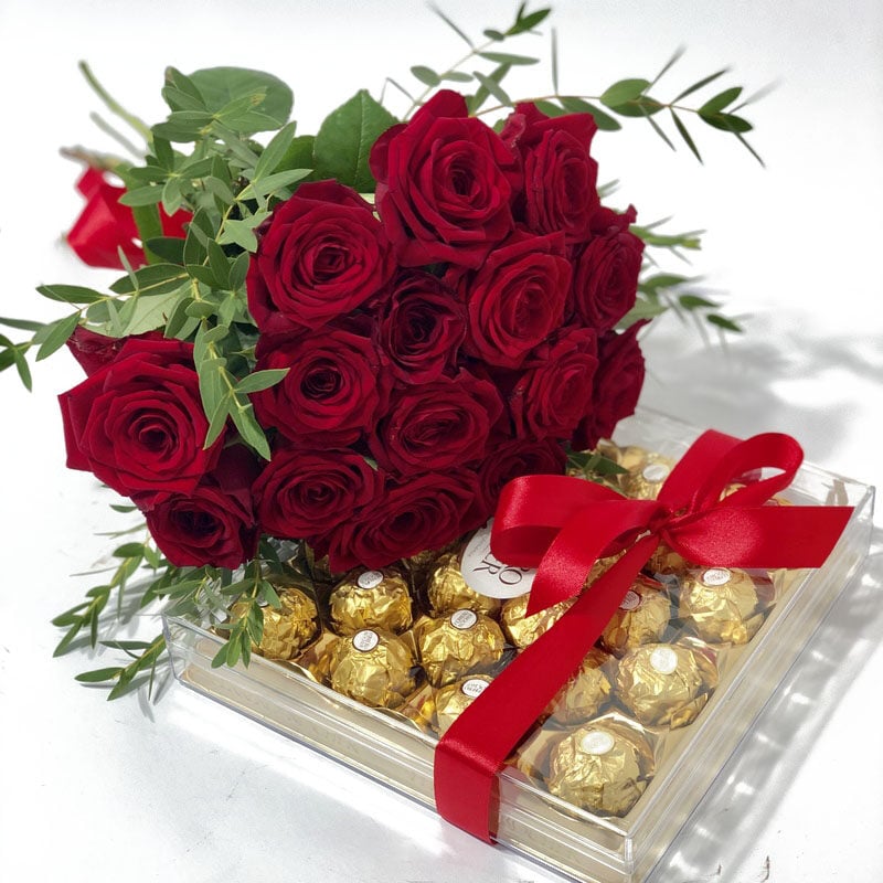 Bouquet of Red Roses and a big box of Ferrero Rocher (11 roses)