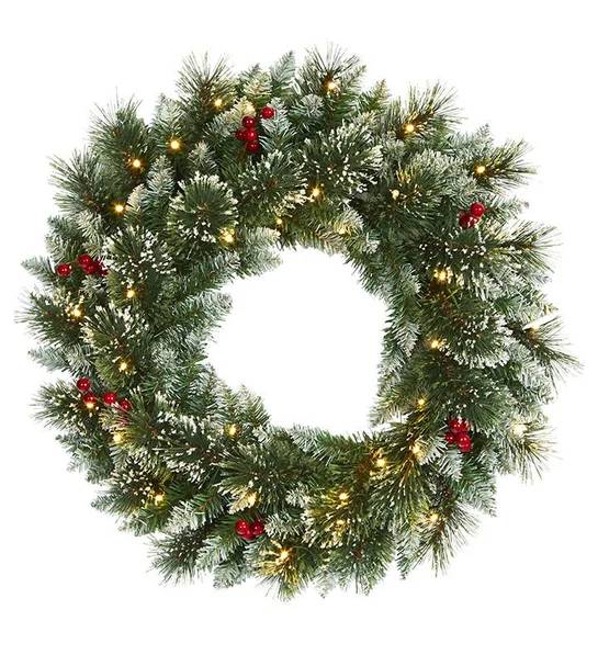 24" Frosted Swiss Pine Artificial Wreath With Lights & Berries