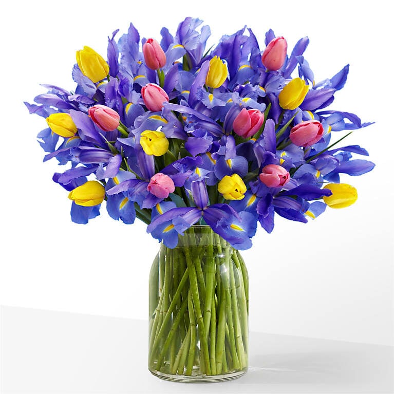 Bejeweled Tulip & Iris Bouquet (Standard with Clear Vase)