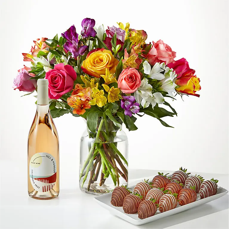 Smiles & Sunshine Bouquet, Berry, and Wine Gift Set