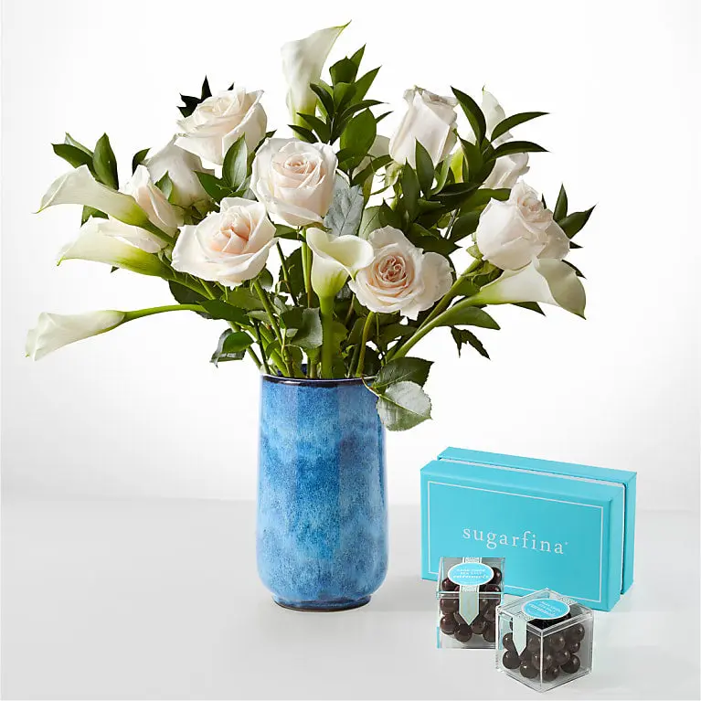 Vision in Ivory Rose and Calla Lily Bouquet (Original in Vase)