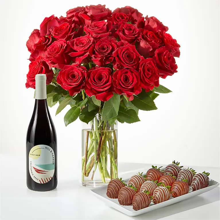 Red Roses, Berry, and Wine Gift Set