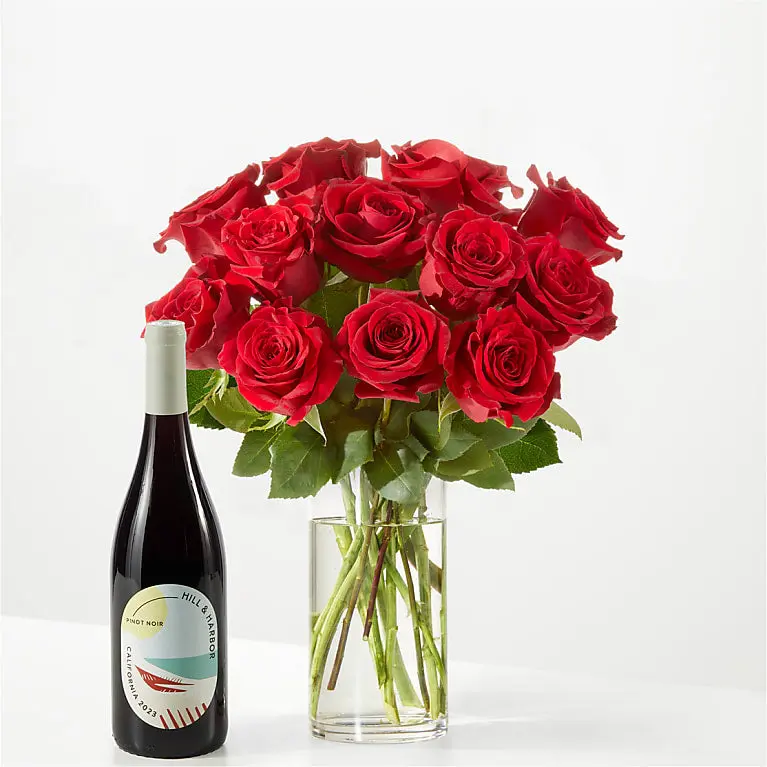 Red Rose Bouquet and Wine Gift Set