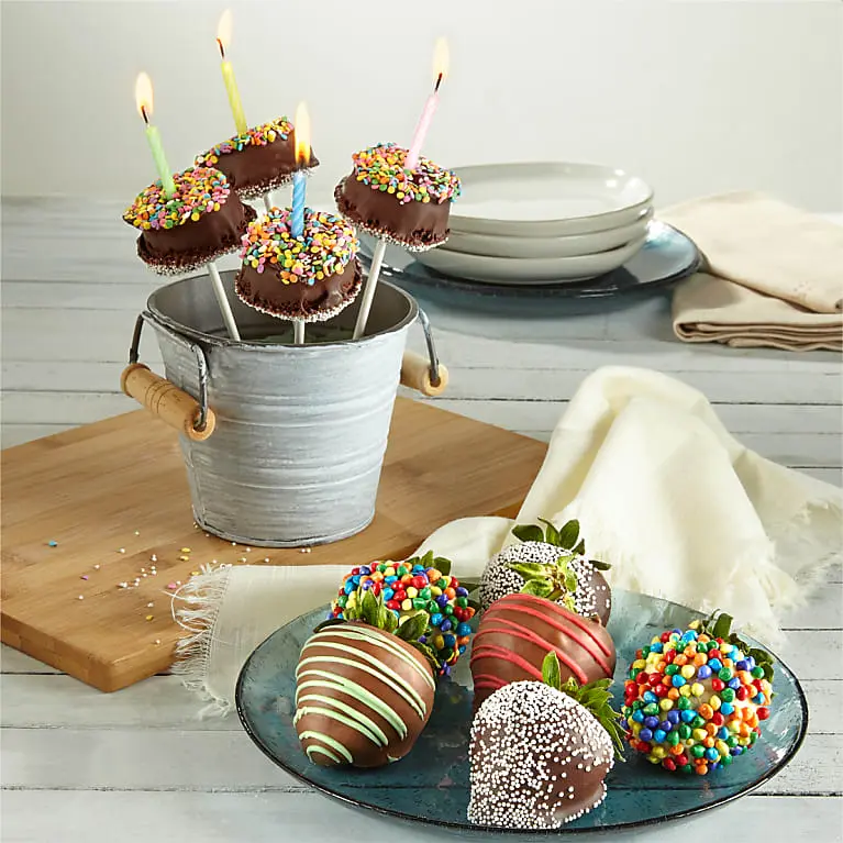 Bright Birthday Belgian Chocolate–Dipped Strawberries & Brownie Bites