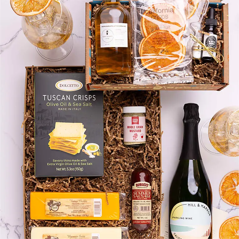 Cheese & Meat Box with Garden Party Spritz Cocktail Kit and Sparkling Wine