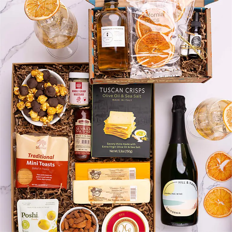 Deluxe Cheese & Charcuterie Box with Garden Party Spritz Cocktail Kit and Sparkling Wine