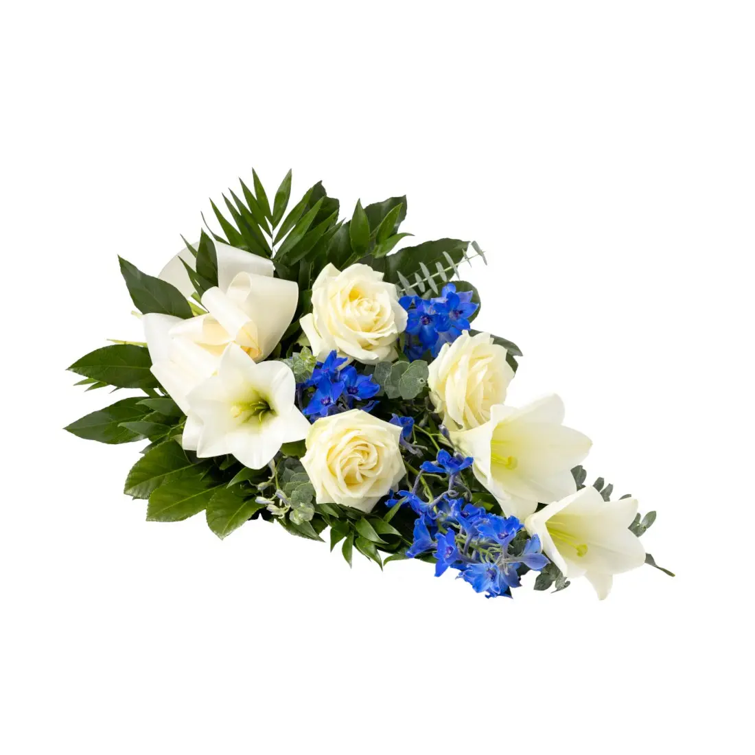 Blue and white funeral bouquet