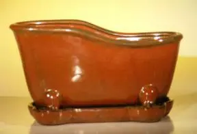 Aztec Orange Ceramic Bonsai Pot With Matching Tray Bathtub Shape 10.875" x 4.875" x 5.25"