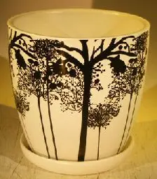 Black/White Ceramic Tree Silhouette Bonsai Pot - Round With Attached Matching Humidity / Drip Tray 7" x 7"