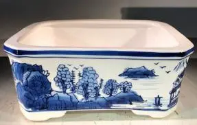 Blue on White Porcelain Bonsai Pot - Rectangle 10.5" x 7.5" x 4"