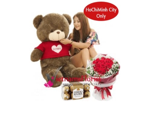 80Cm Teddy Chocolate And Roses (Medium)