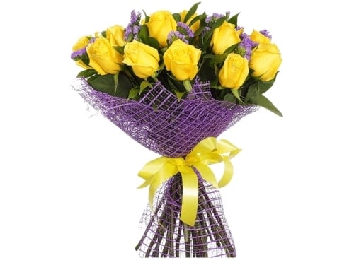 12 Bright Yellow Roses in a Bouquet