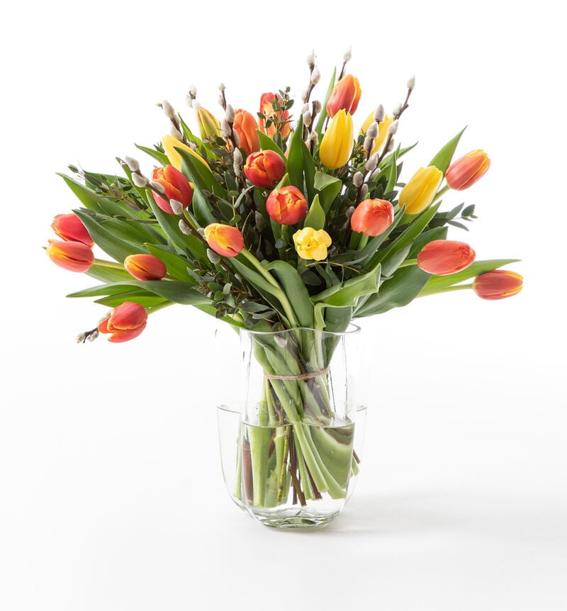 Tulip bouquet with goslings in warm colors, large