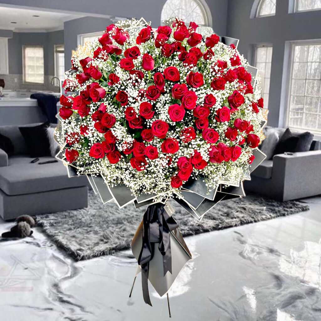 Grand Roses & Gypso Bouquet with Stand