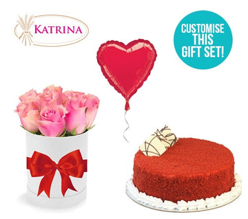 Roses, Balloon & Red Velvet Cake Gift Set
