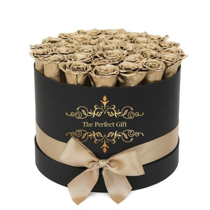 Golden Roses in a black round Box