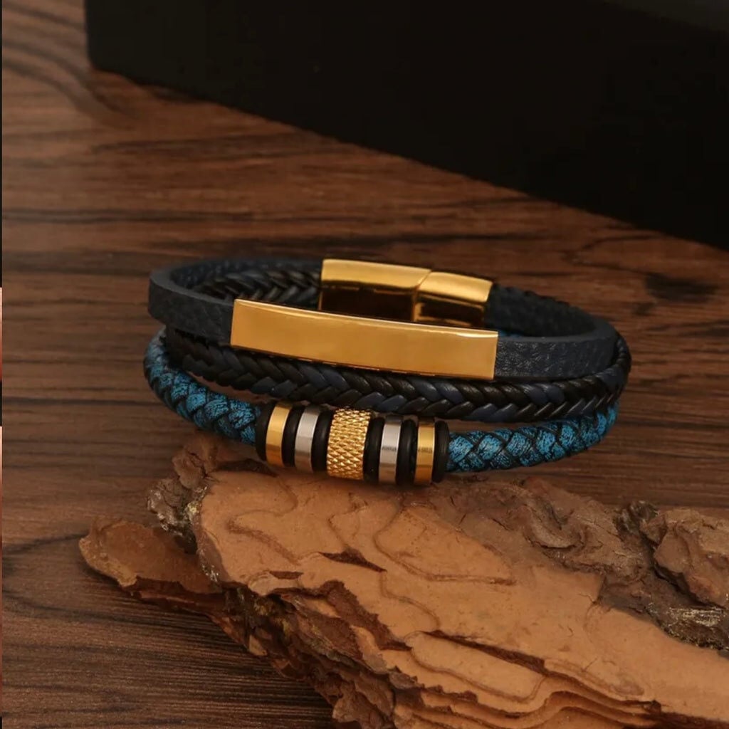 Black & Blue Men's PU Leather Bangle