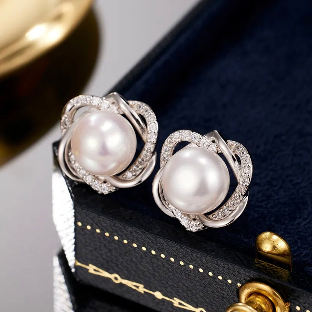 Single Stud White Gold Freshwater Pearl Earrings with Zircon