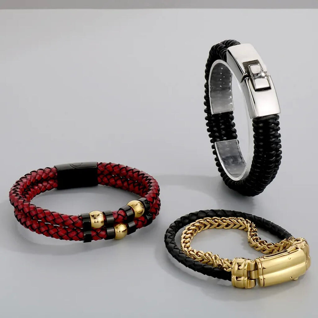 Red & Gold Men's PU Leather Bangle