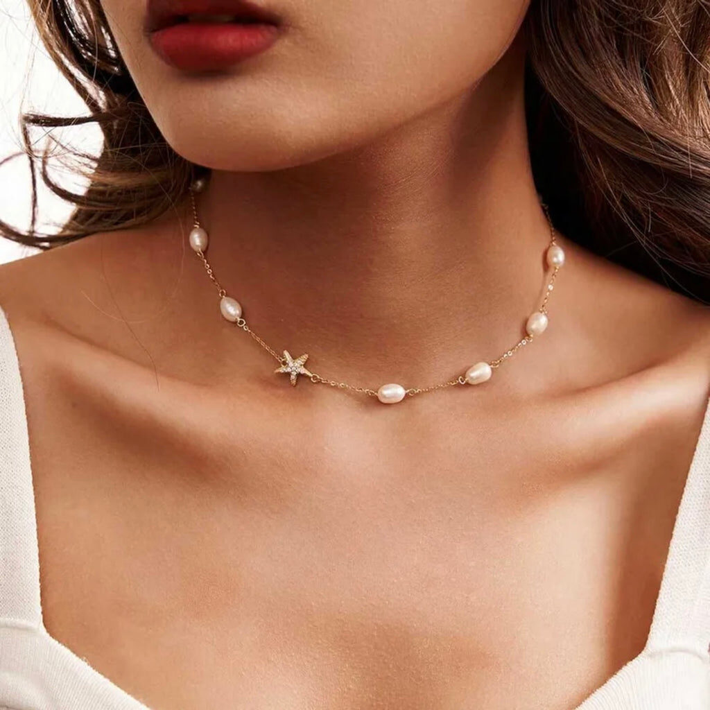Sterling Silver 14K Gold Plated Freshwater Pearl Starfish Necklace
