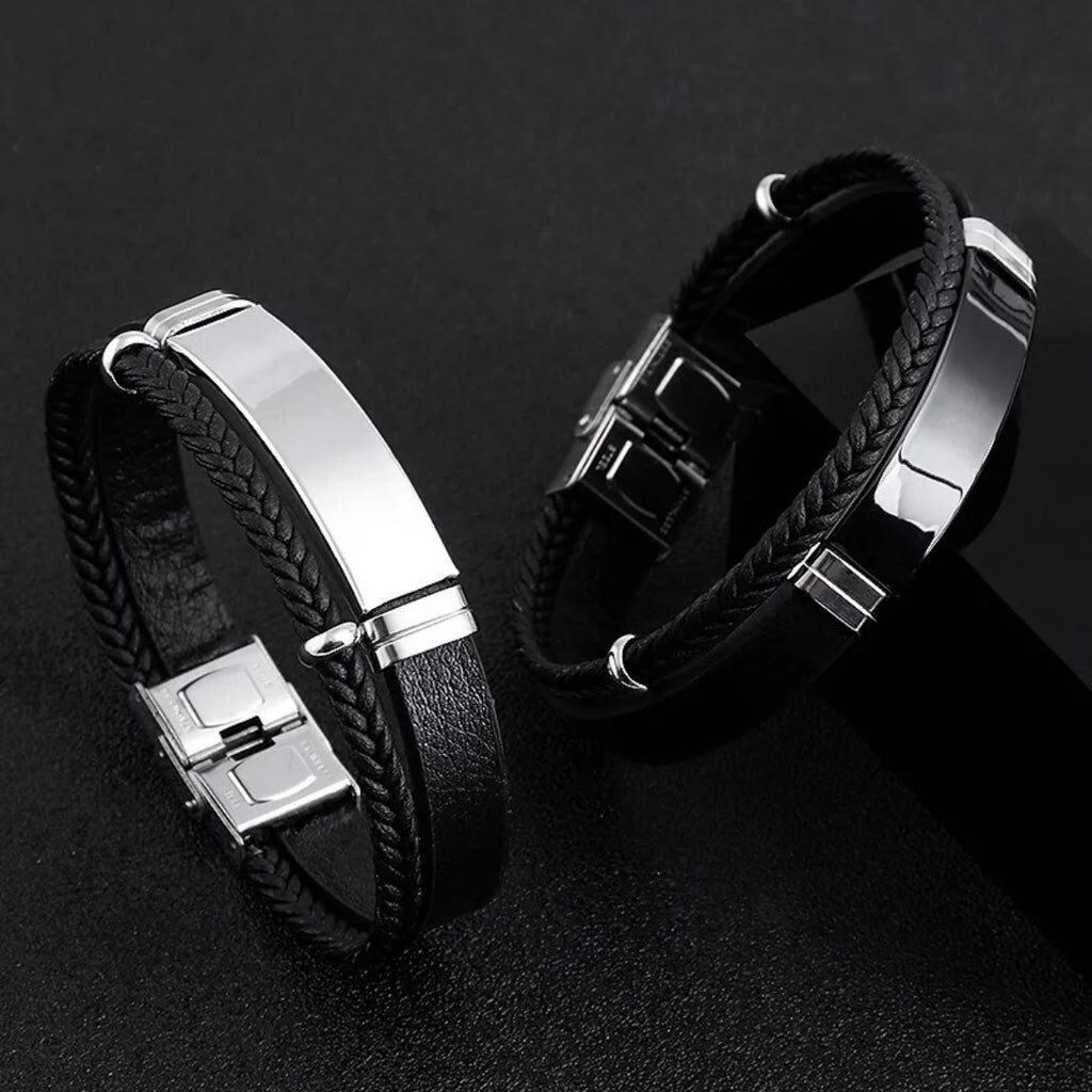 Personalised Black & Silver Men's PU Leather Bangle