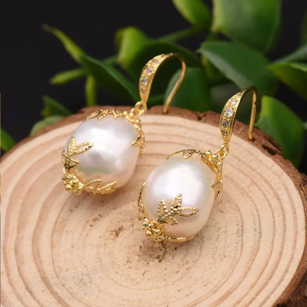 Vintage Natural Pearl Sterling Silver Gold Plated Earrings