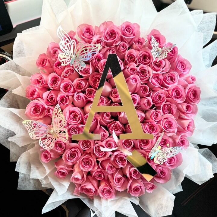 Luxury Pink Roses Bouquet with Name Initial & Butterflies (50 Roses)