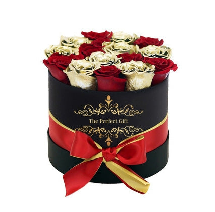 Red & Gold Roses in black Round Gift Box