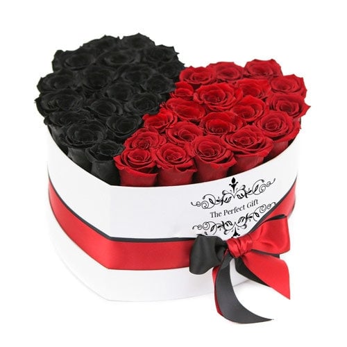 Red & Black Rose in white Heart Box