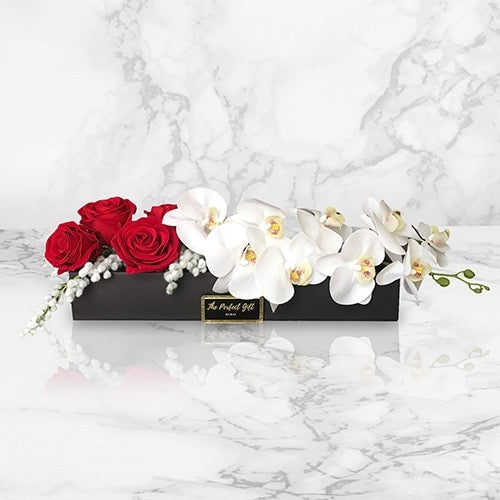 Red Roses and Orchid Flowers Gift Box