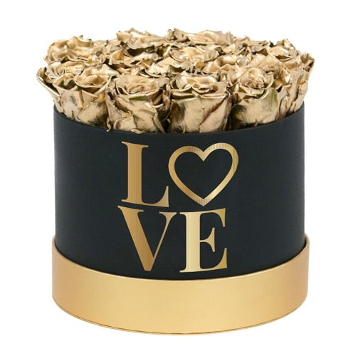 â€˜LOVEâ€™ Gold Roses Round Gift Box