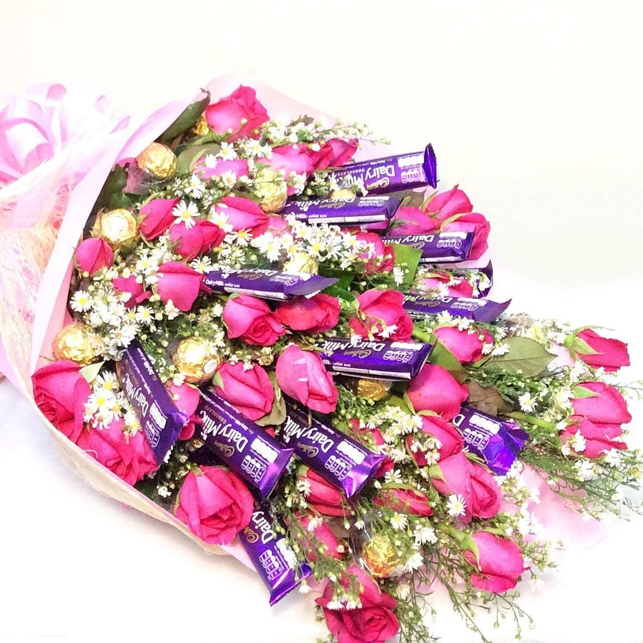 Pretty in Pink Roses, Cadbury and Ferrero bouquet