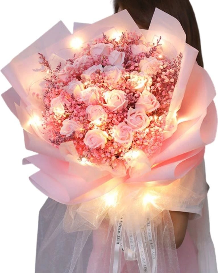 Pink Preserved Rose Fairy Lights Dome