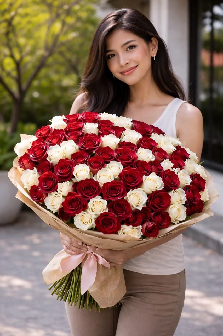 Red & White Luxury Ecuadorian Roses Giant Bouquet (50 Ecuadorian Roses)