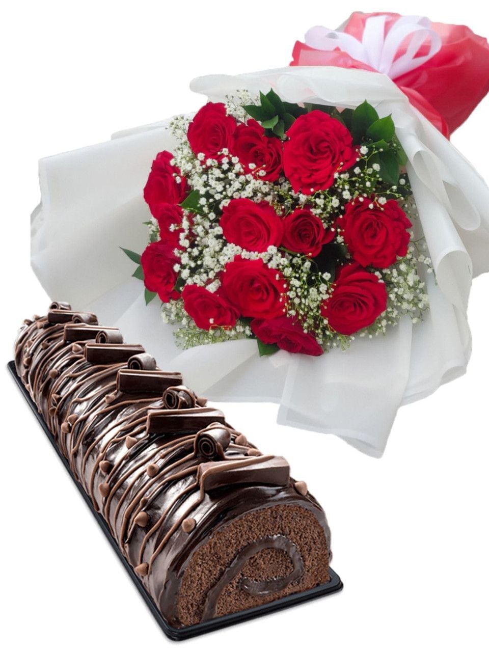 Dozen Roses & Roll Cake Package (12 Stems)