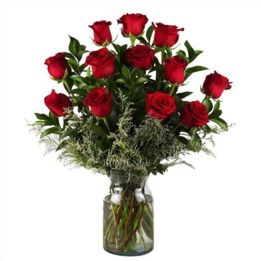 12 Roses in a Glass Vase