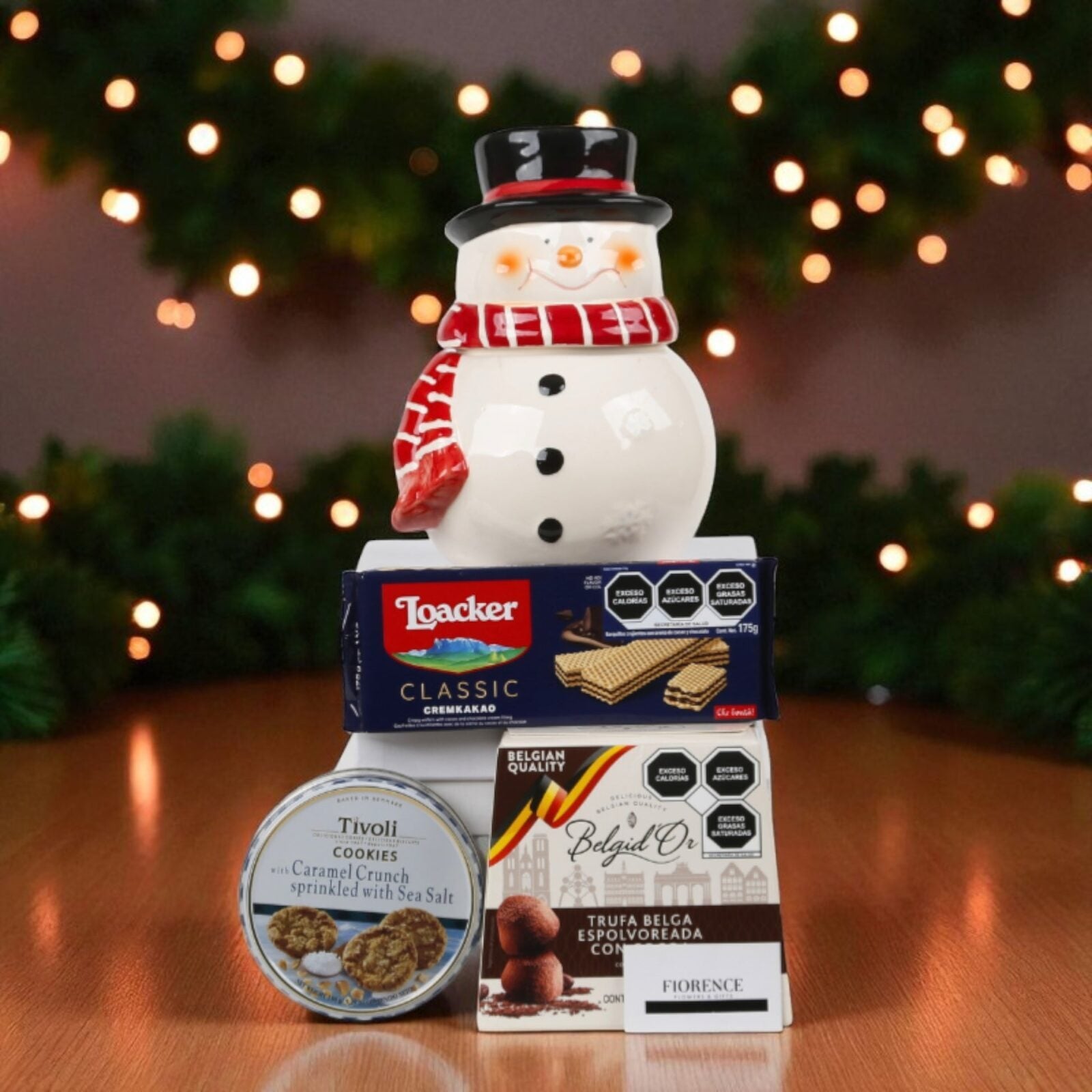 Snowman Ceramic Cookie Jar with Cookies and Truffles