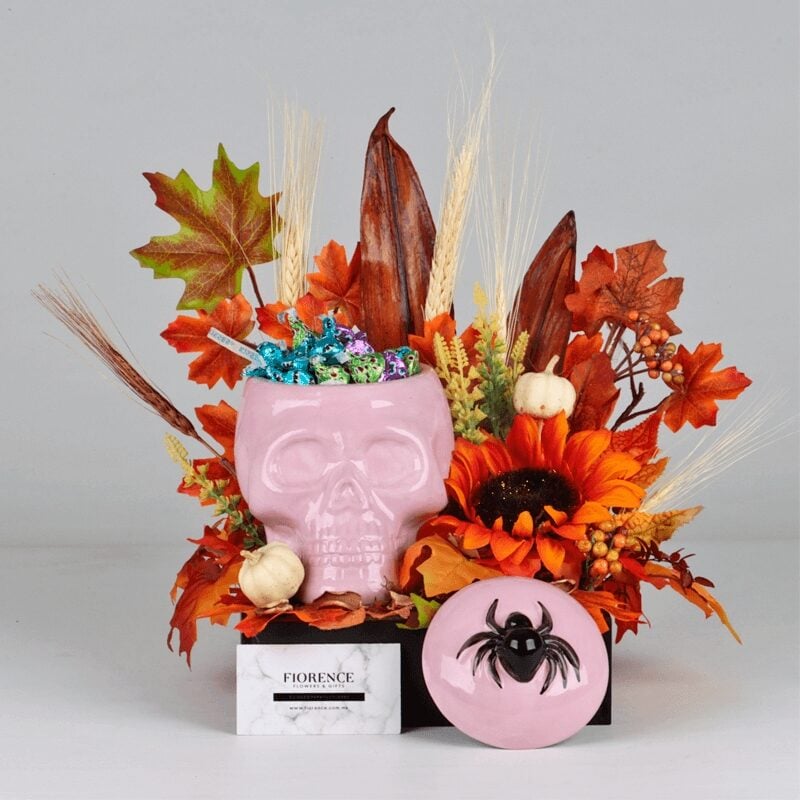 Artificial Arrangement with Halloween Treat Container