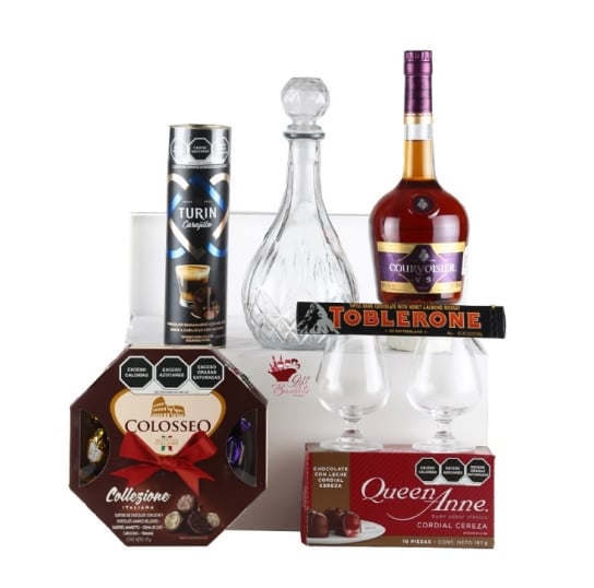 Exclusive Gift Box with Courvoisier Cognac, Glass Decanter and Imported Chocolates