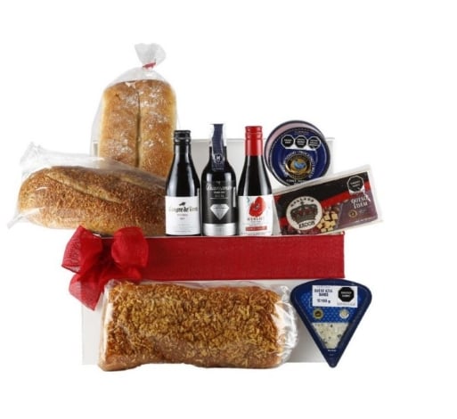 Deluxe Gourmet Gift with Cheese, Artisan Bread and Wine