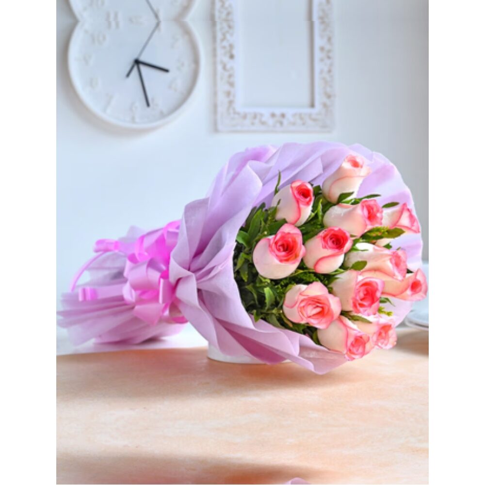 Bouquet 10 Pink Roses with Pink warping