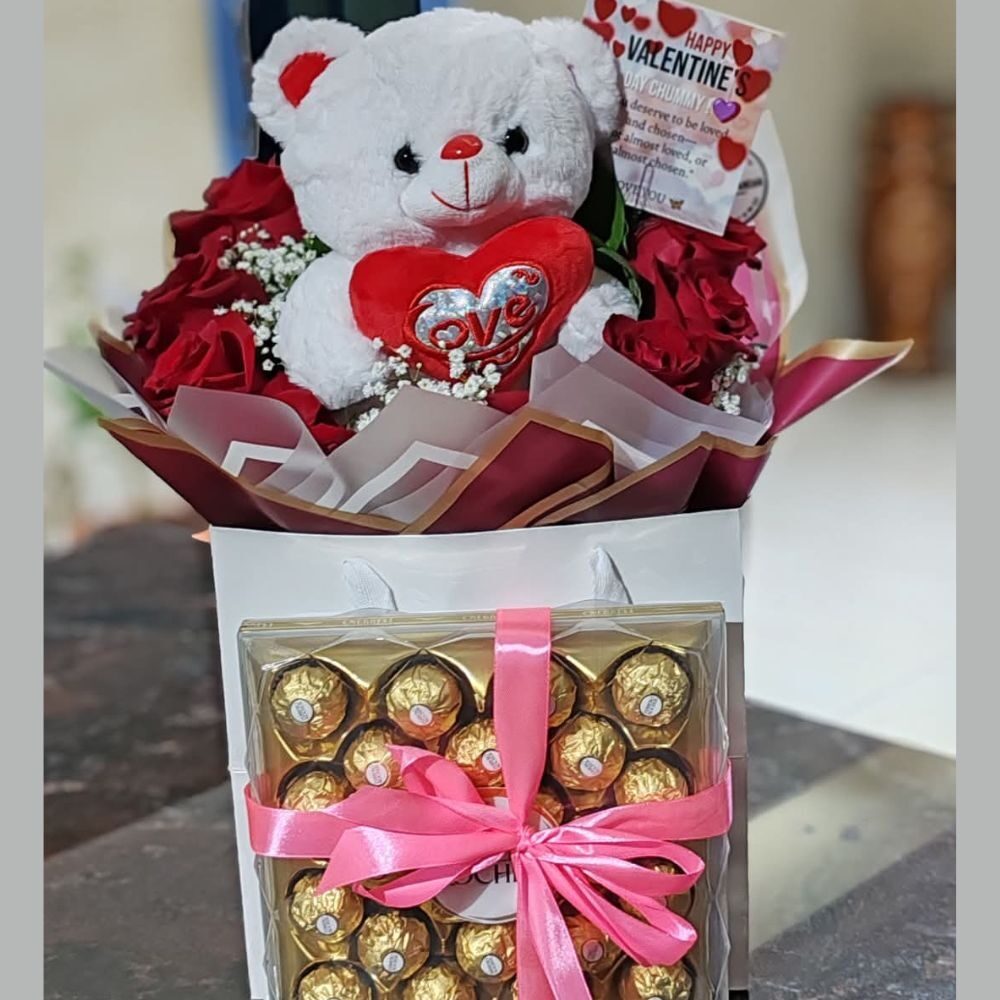 Red 10 Roses Bouquet White Teddy & Ferrero