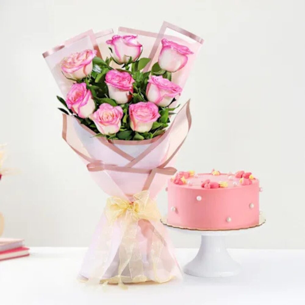 Bento Cake with Pink Paradise Roses Bouquet