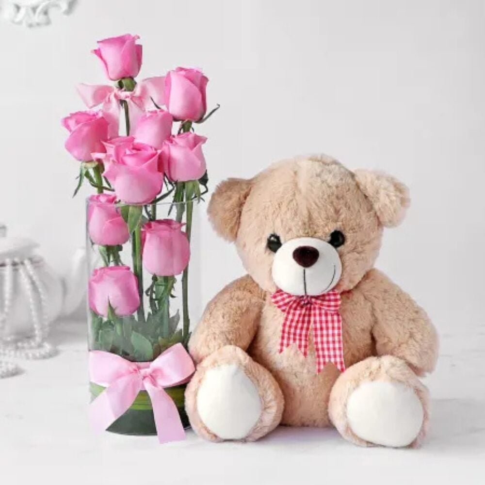 10 Pink Roses in Vase with Teddy