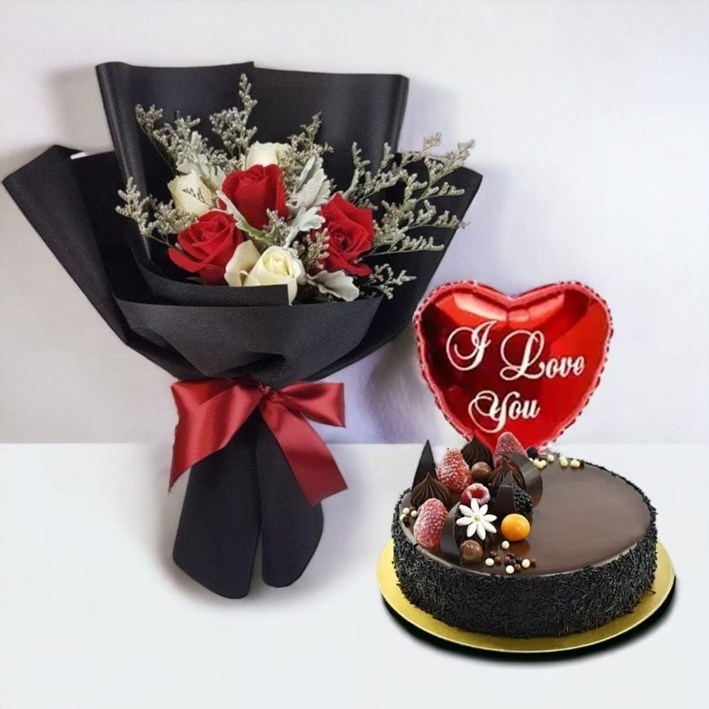 Bouquet of White & Red Roses with 500g Fudge Cake